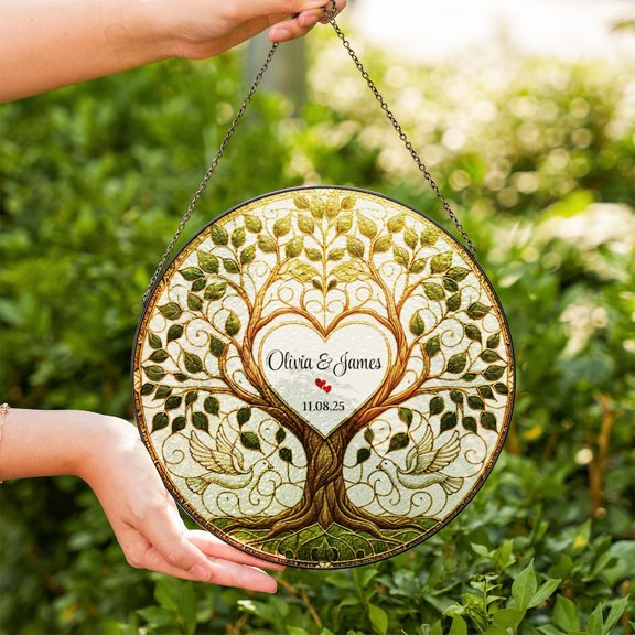 Wedding Tree Suncatcher Stained Glass Style, Personalized Wedding Gift for Bride & Groom, 3.5 in