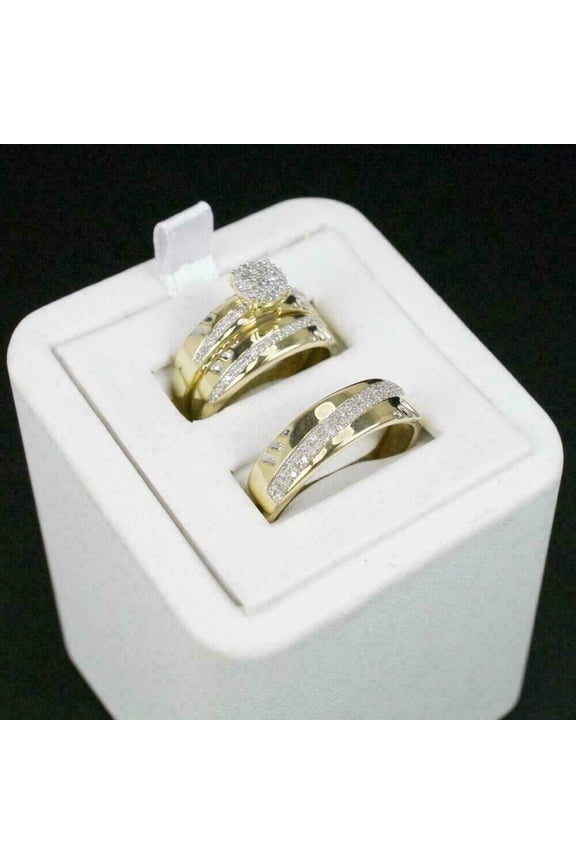 Silverstar Wedding Trio Ring Set His & Her Round Cut Simulated Diamond Trio Wedding 14k Yellow Gold Plated