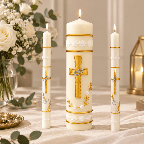 Wedding Unity Candle Set with Cross and Ring Motifs, 1 Pillar and 2 Taper Candles