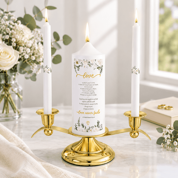 Wedding Unity Candle Set with Stands, White and Decorative Candles for Ceremonies