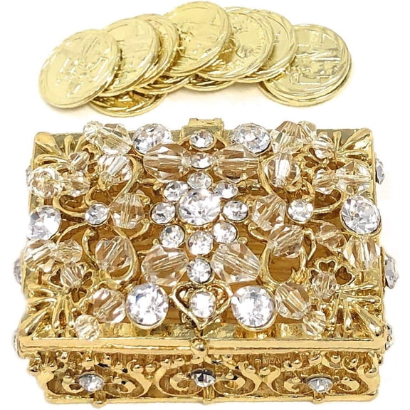 Wedding Unity Coins - Arras de Boda - Decorative Box with Rhinestone Crystals Keepsake 76 (Gold)