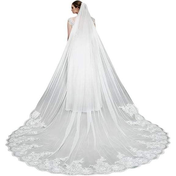Wedding Veil 1 Tier Cathedral Length long Lace Sequins Bridal Veil with Metal Comb