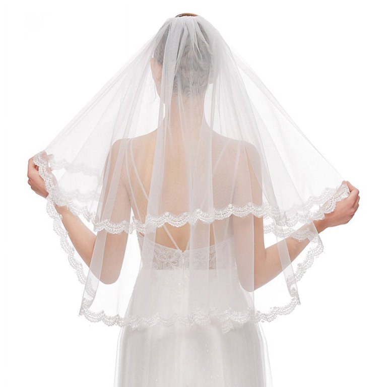 Fingertip Length Wedding Veil Waltz Bridal Short With Pearls Double Layers  Scattered Pearl Edge Tulle Elbow Veils - Yahoo Shopping