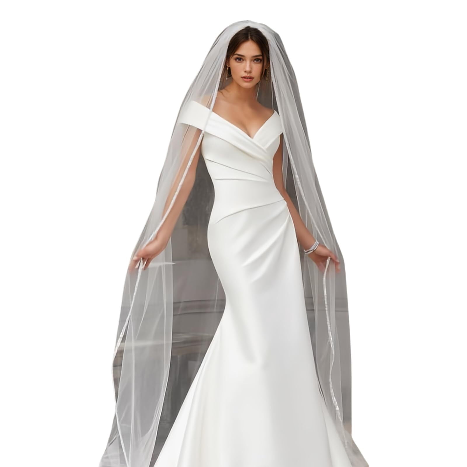Wedding Veil Pearls and Crystals Beaded Edge 1 Tier 