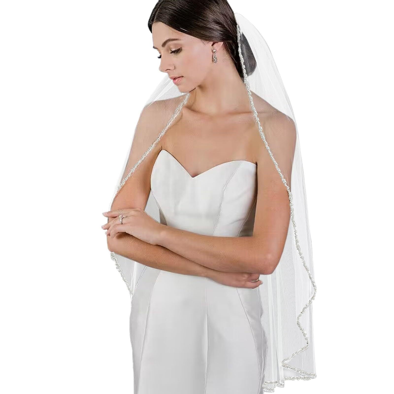 Wedding Veil Pearls and Crystals Beaded Edge 1 Tier  display picture 3