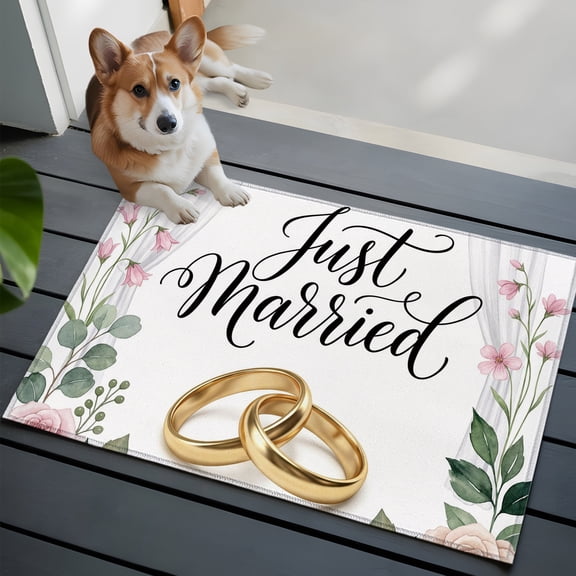 Wedding Washable Entry Rug 2x3 Just Married Rings Roses Formal Romantic Low Pile Indoor Door Mat with Rubber Backing Thin Area Rug for for Entrance, Bedroom, Kitchen, Laundry, Bathroom