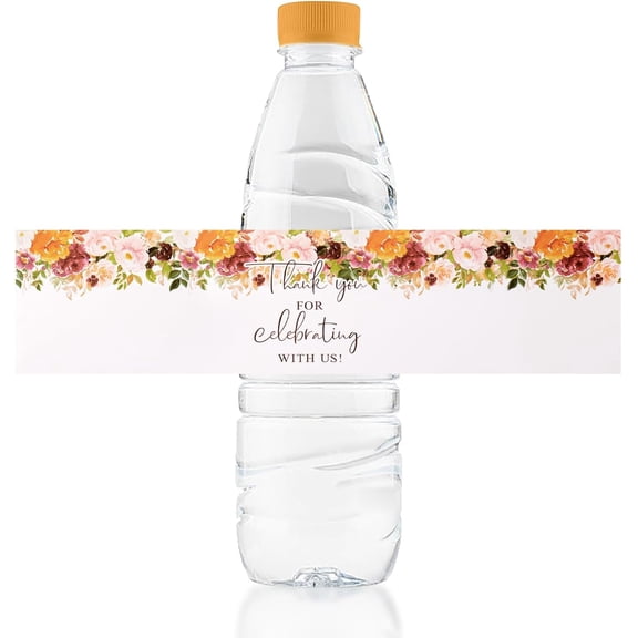 Wedding Water Bottle Labels Thank You, 50 Pcs Yellow and Pink Flower Water Bottle Wraps Floral Wraparound Labels Water Bottle Stickers for Birthday Bride Shower