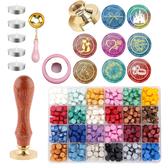 Wedding Wax Seal Kit, 8 Pcs Stamp Heads 48 Colors Sealing Wax with handle,Melting Pot,Tea Light Candles Wax Seal Stamp Kit for Wedding Invitation, Gifts, Envelope, Letter Stamp Sealing