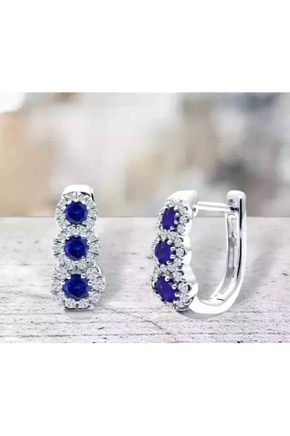 Wedding Wear Clip On Hoop Huggie Earrings 2CT Round Cut Blue Sapphire & Diamond 14K White Gold Plated 925 Silver