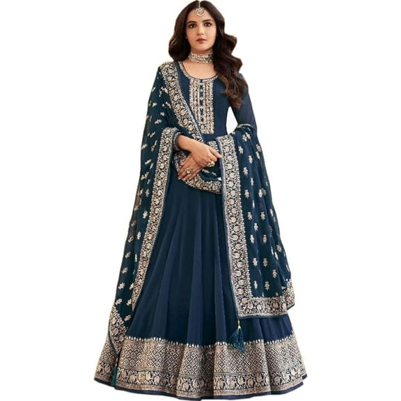 Wedding Wear Indian Designer Salwar Kameez Suits Pakistani Anarkali Gown Dress ( Blue, XL - 44 )