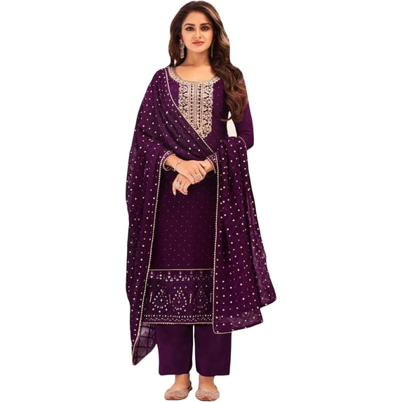Wedding Wear Pakistani Designer Salwar Kameez Suits Indian Plazo Pant Dress ( Purple, L - 42 )