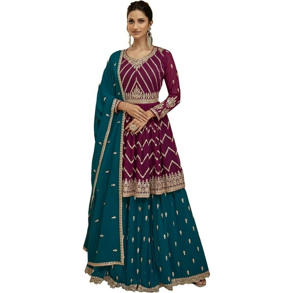 Wedding Wear Pakistani Indian Designer Sewn Shalwar Kameez Lengha Suits ( Purple, S - 38 )