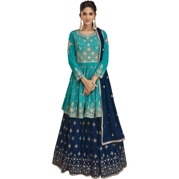 Wedding Wear Pakistani Indian Designer Sewn Shalwar Kameez Lengha Suits ( Teal Blue, XXL - 46 )