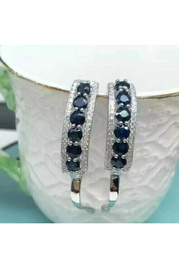 Wedding Wear Snap Closure Hoop Huggie Earrings 2CT Round Cut Blue Sapphire & Diamond 14K White Gold Plated 925 Silver