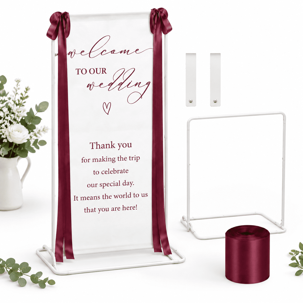 Red Breakfest Sign Wedding Welcome Red Linen Sign with Adjustable Metal Stand and Satin ...