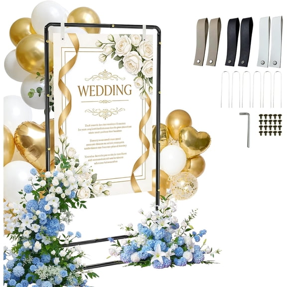 Wedding Welcome Sign Stand, Adjustable Linen Welcome to Our Wedding Sign Holder, Elegant Welcome Sign Easel with Hanging Straps for Seating Chart, Banner, Ceremony Decor (Black, 54"-69")