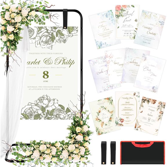 Wedding Welcome Sign Stand Black Adjustable Wedding Sign Holder Welcome to Our Wedding Sign Display With Design Bundle Leather Sign Hanging Straps Storage Bag and 6.6 ft Veil Heavy Duty Easel Stand