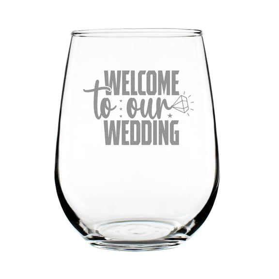 Wedding Welcome Stemless Wine Glass, Personalized Custom Bridal Engraved Etched Glass