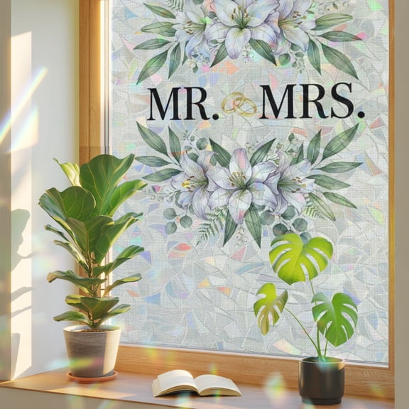Wedding Window Privacy Film, Mr Stained Glass Rainbow Film Decorative Window Clings, Static Cling Sun Blocking Stickers 17.7" x 39.3"