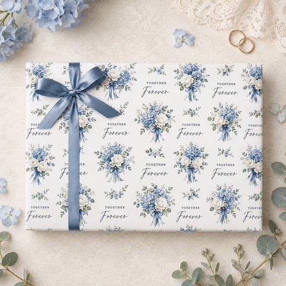 Wedding Wrapping Paper, Blue Hydrangea Floral Together Forever Gift Wrap for Bridal Shower Presents