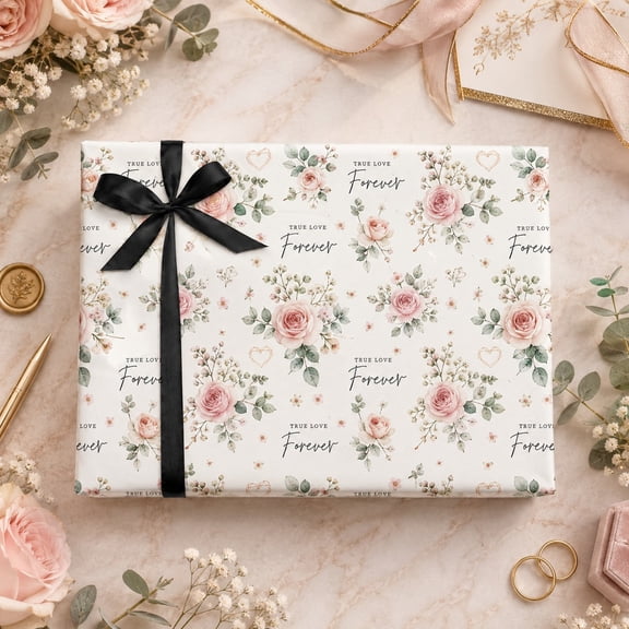 Wedding Wrapping Paper, Pink Rose Floral Gift Wrap for Newlyweds