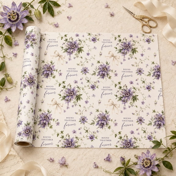 Wedding Wrapping Paper, Purple Passionflower Floral Gift Wrap for Newlyweds