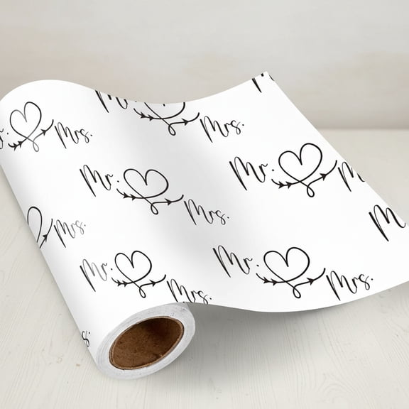 Wedding Wrapping Paper Roll, Black and White Mr. & Mrs. Design with Heart and Arrow Pattern, Romantic Gift Wrap for Wedding, Engagement, Anniversary