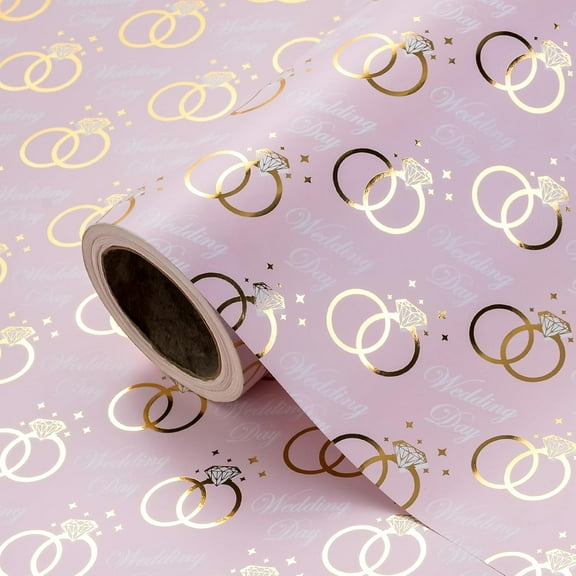 Wedding Wrapping Paper Roll - Mini Roll - 17 Inch x 16.5 Feet - Pink Gold Foil Ring Design, Perfect for Wedding, Bridal Shower, Birthday