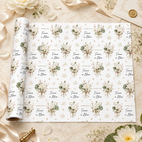 Wedding Wrapping Paper, White Lotus Floral Sacred Love Gift Wrap for Newlyweds