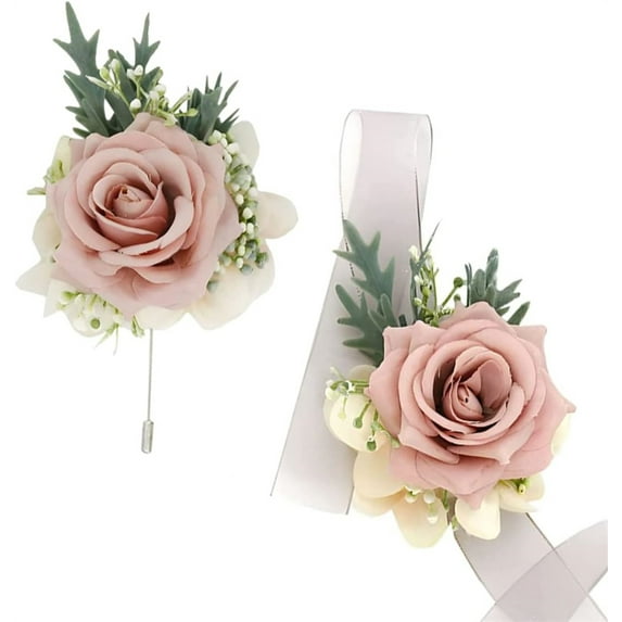 Wedding Wrist Corsage and Boutonniere Set,Pink Faux Rose Lapel Pin,Bridal Fake Flowers Wristband Accessories,Artificial Rose Prom Suit Decorations,for Ceremony Anniversary Party