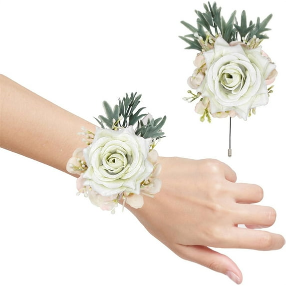 Wedding Wrist Corsage and Boutonniere Set,White Faux Rose Lapel Pin,Bridal Fake Flowers Wristband Accessories,Artificial Rose Prom Suit Decorations,for Ceremony Anniversary Party