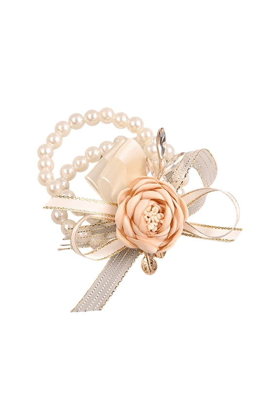 Wedding Wrist Corsage Satin Fabric Rose Double Elastic Pearl Bracelet Bridesmaid Wrist Flower Blush Pink