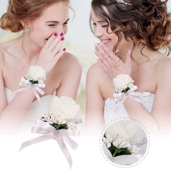 Wedding Wrist Corsage, White Artificial Rose with Ribbon & Rhinestone Accents, for Bridal Bridesmaid Prom Party - 7 Inch Size - Elegant Hand Flower for Wedding Ceremony, Reception, Formal Events