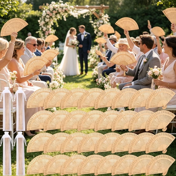 Wedding fans for bridal shower party favors events gifts: sandalwood folding fans 7.9 inches wooden ivory eco-friendly elegant