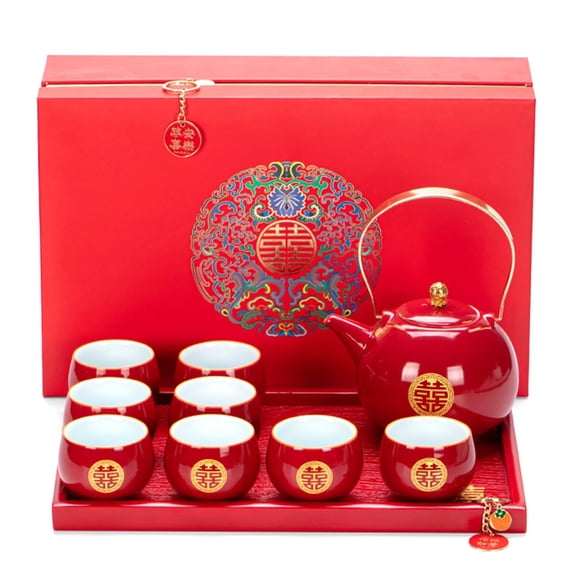 Wedding gift, Chinese Double Happiness Red Wedding Tea Set, Chinese Tea Gift Set Service Porcelain Tea Pot 8 Cups, Friends Chinese Traditional Wedding Decoration Supplies