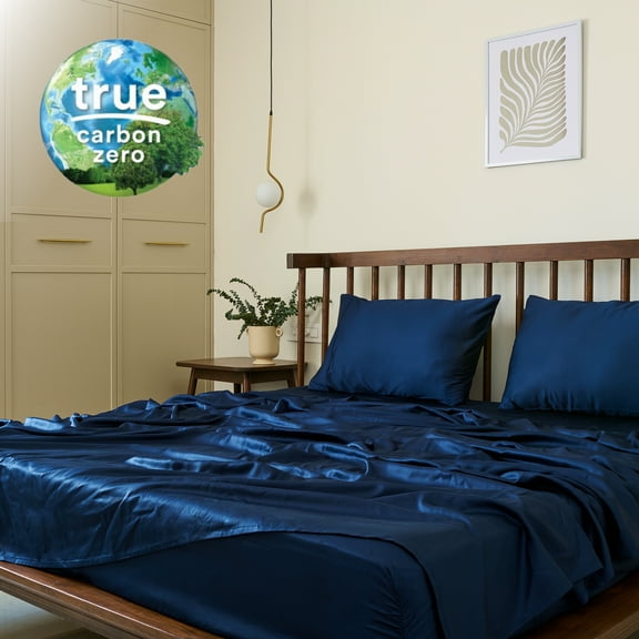 Weddingly Certified Tencel Eucalyptus Lyocell Sheets|4 Piece Set|Sateen Weave|True Carbon Zero|Gentle to skin|Natural sheen(California King,Navy Blue)
