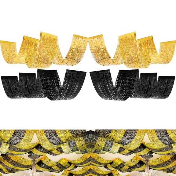 Weddings Ceiling Drapes,Pack of 4 Durable Metallic Foil Fringe Curtains,Portable Ceiling Hanging Curtain for Outdoor Indoor Use,Black+Gold
