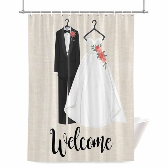 Weddings Clothing Shower Curtain, Welcome Marriage Beige Linen Texture Waterproof Shower Curtain Set with 12 Hooks Lightweight Bath Curtains Fabric Bathroom Decor 36x72 Inches