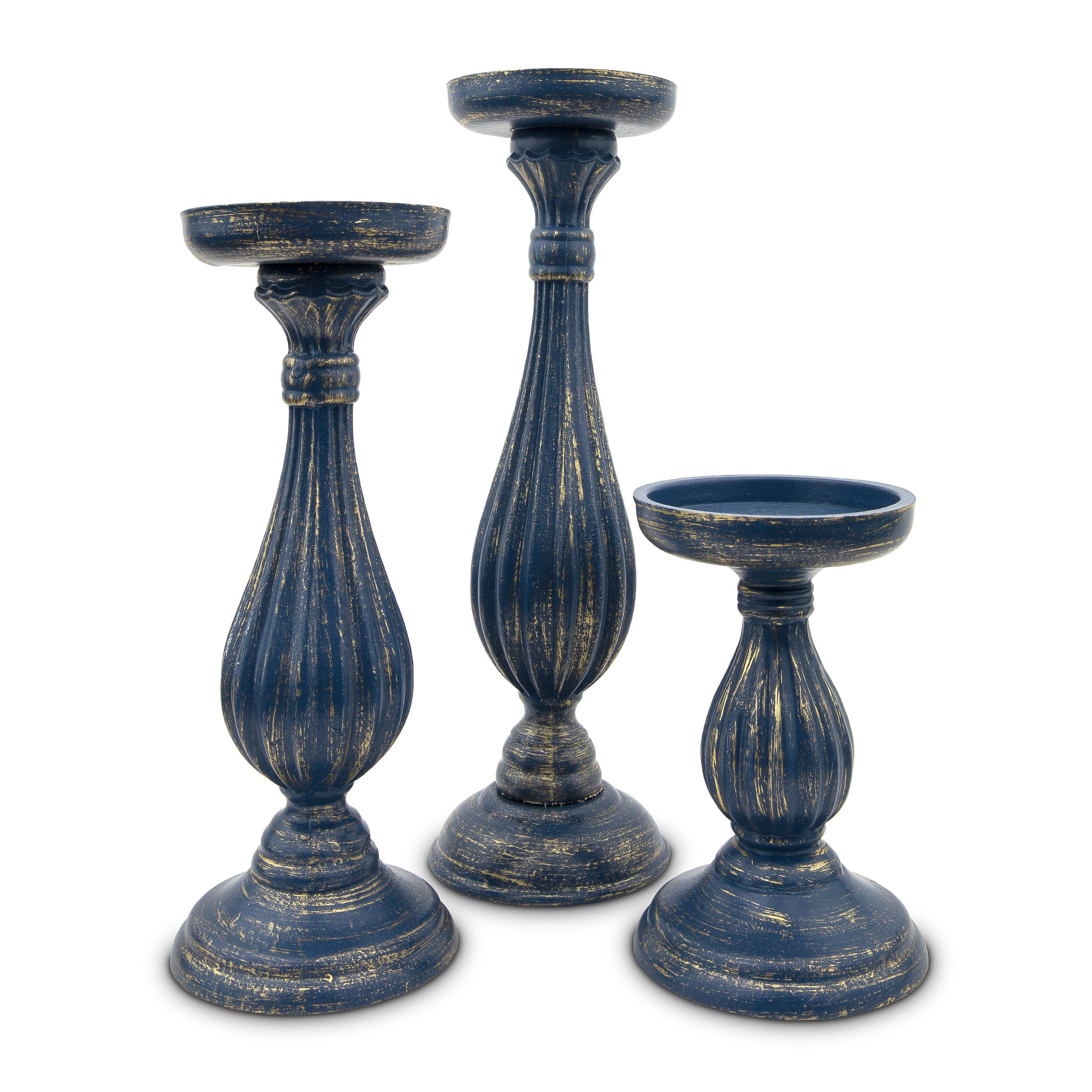 Navy Blue and Gold Tiered Wood Spindle Candle Holders