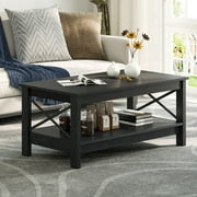 WedealFu Inc Farmhouse Coffee Table with Storage 2-Tier Center Table for Living Room Black