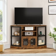 WedealFu Inc Farmhouse Corner TV Stand Entertainment Center Media Console for TVs up to 55" with Power Outlet Brown