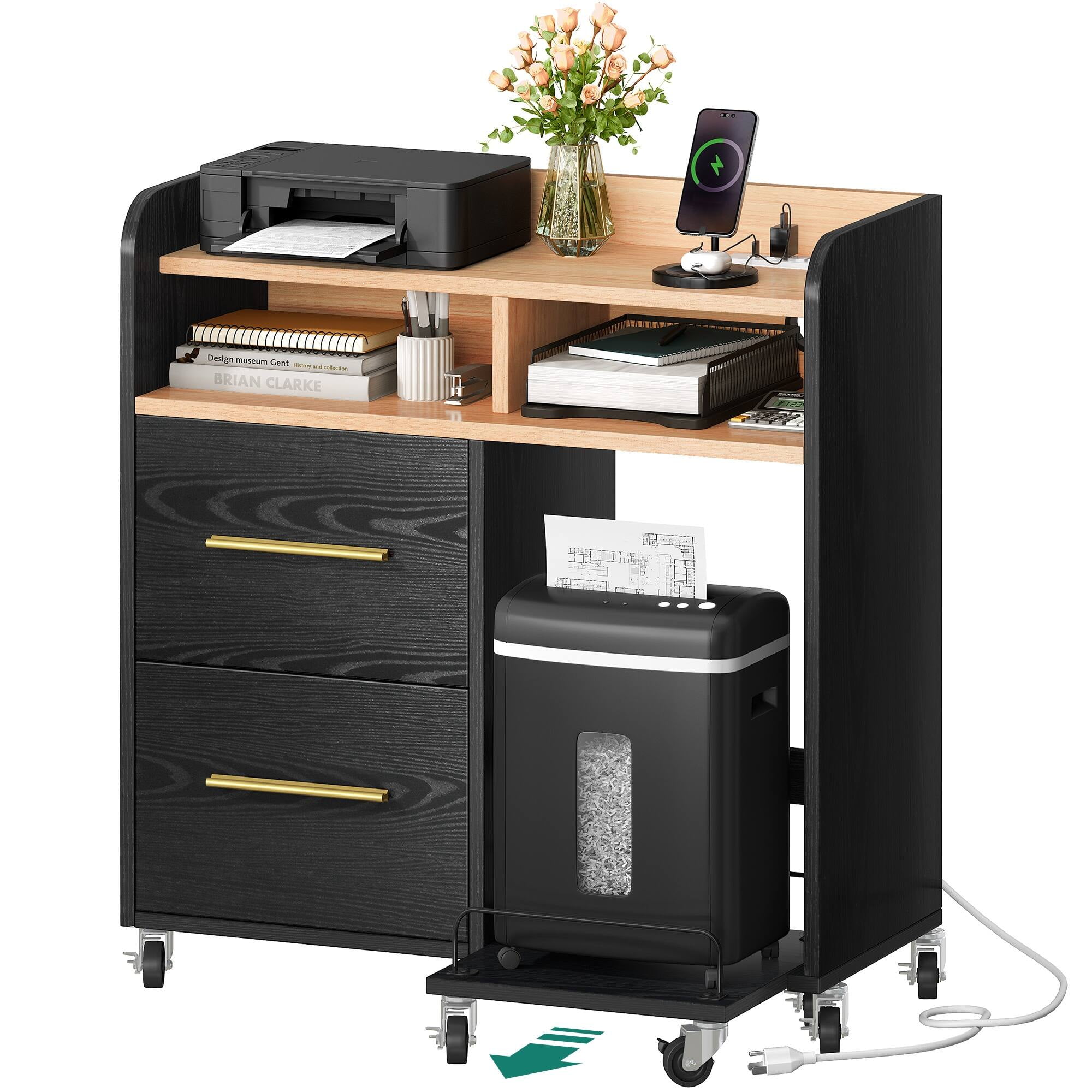 Black Rolling File Cabinet with Printer Stand and Charging Ports
