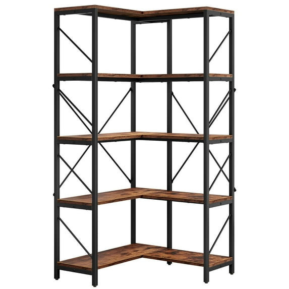 WedealFu Inc Moasis 65.9-Inch Corner Bookshelf 5-Tier Industrial Display Bookcase Brown/Black