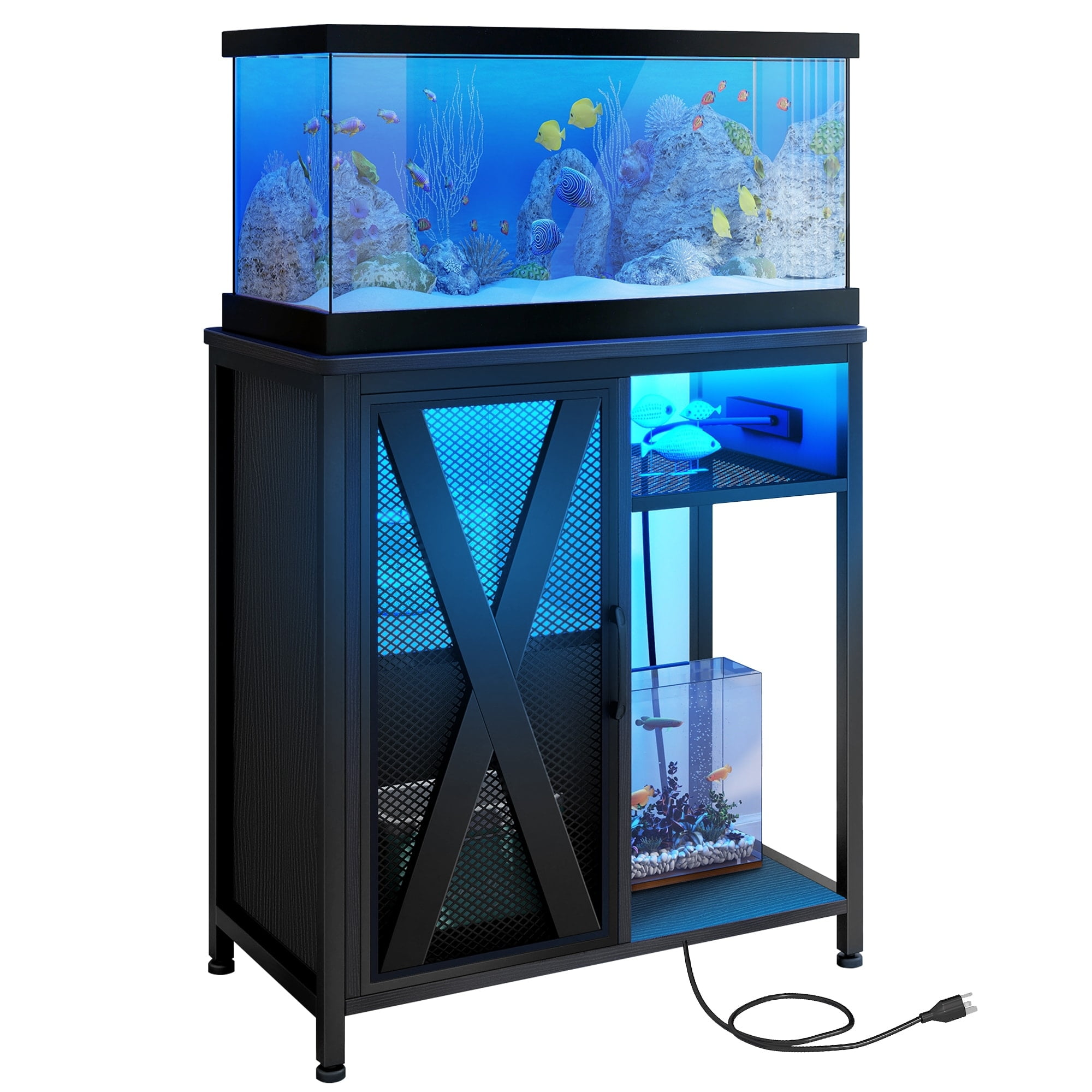 Black Metal Aquarium Stand with RGB Light and Storage Cabinet