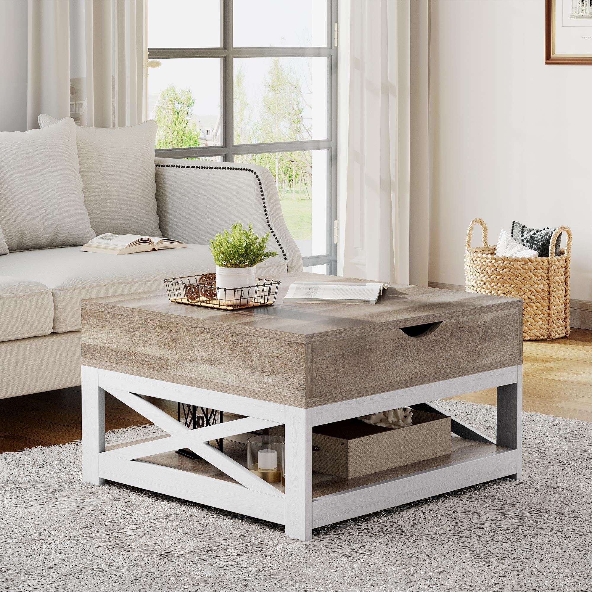 Moasis Farmhouse Lift Top Square Coffee Table with Storage and Shelf Grey Wash