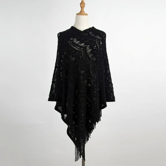 Wedfrse Shawl Wraps for Women,Ponchos Women Mid Length Crochet Hollow Irregular Tassel Pullover Sweater Cape Shawl Knit Sweater Shawl Women's Scarves & Wraps Black