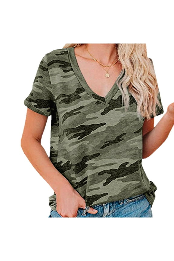 Tshirts Shirts for Women Summer Tops Women's Casual Camouflage V-neck Loose Short Sleeve T-shirt Top V Neck T Shirts Tops for Women Trendy Shirts for Women Army Green XL