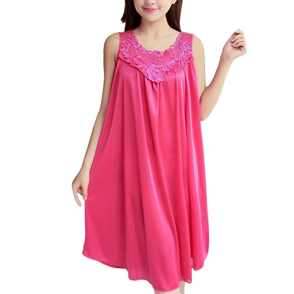 Wedfrse Womens Pajama Sets,Nightgowns for Women,Women Casual Solid Dress Sleeveless Round Neck Lace Splice Dress Pullover Loose Dress,Silk Pajamas,Pj Sets,Satin Pajama Set,Hot Pink,One Size