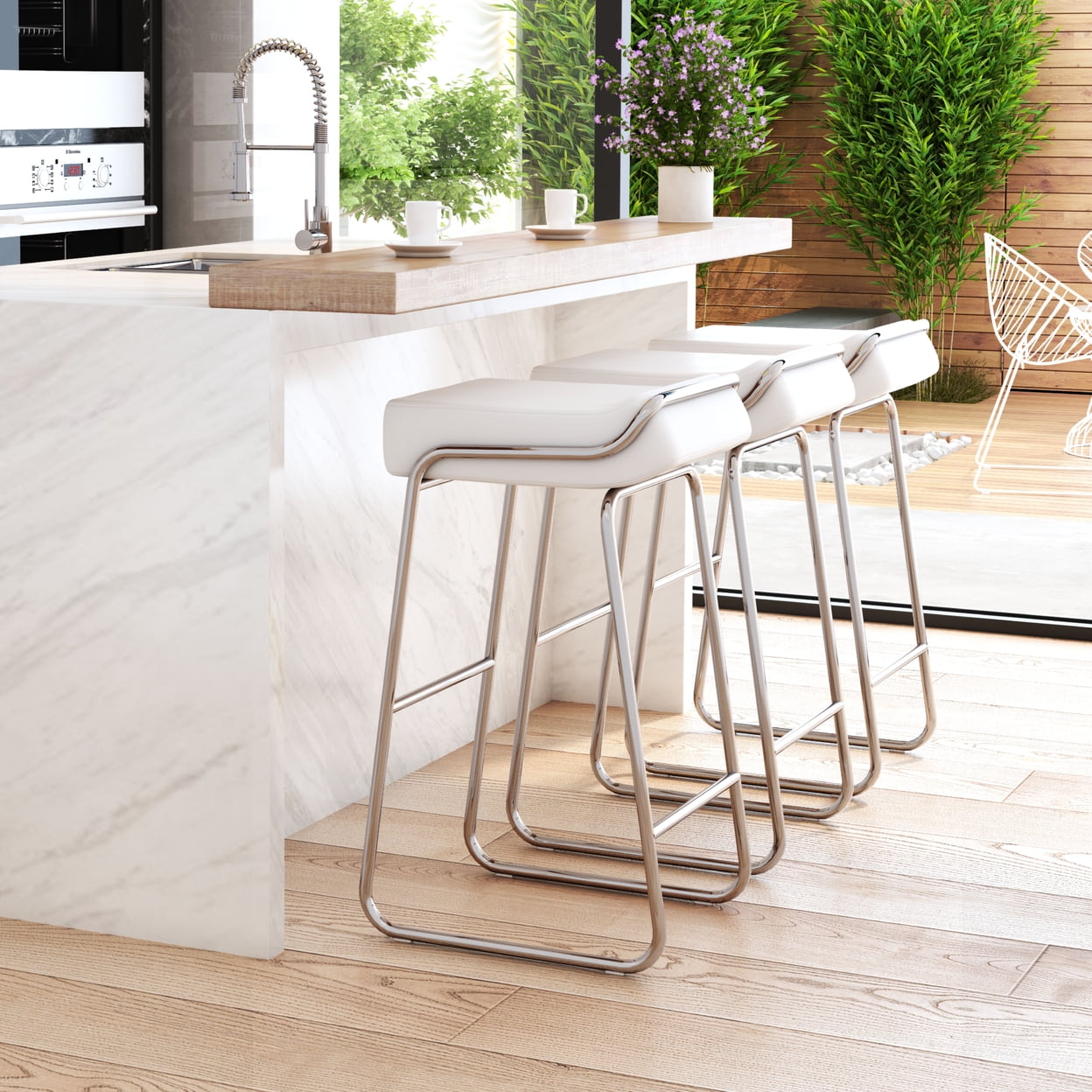 White Faux Leather and Chrome Backless Bar Stools, Set of 2