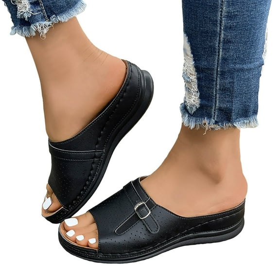 Wedge Beach Sandals for Women 2025 Summer Leather Peep Toe Mid Heels Dress Slip on Slippers with Arch Support